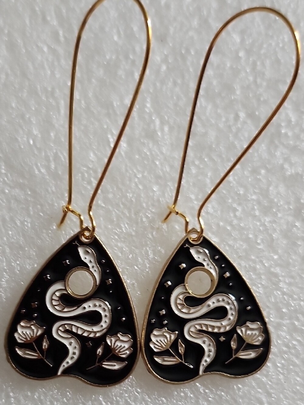 Hand Crafted Black and Gold Snake Floral Drop Earrings Ouija Planchette